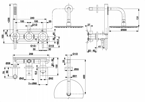 ARMATURA KRAKÓW KFA zestaw prysznicowy podtynkowy z baterią 3-otworową 2-funkcyjną MOZA BRUSHED ROSE GOLD 5039-511-34