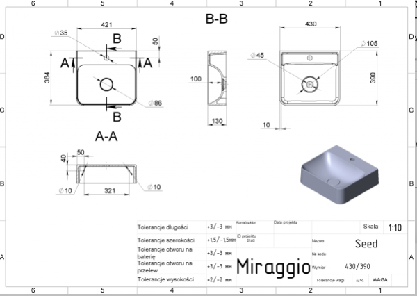 MIRAGGIO Umywalka SEED 43x39cm biała matowa 0000239