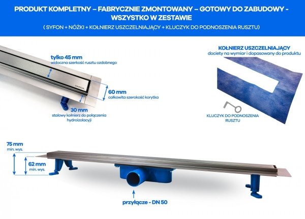 OKEDA Odpływ liniowy PRIME LINE 60cm - dwustronny - ruszt pod płytkę  20600.01