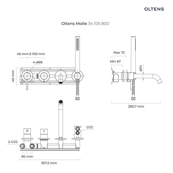 Oltens Molle bateria wannowo-prysznicowa podtynkowa 4-otworowa złoty połysk 34105800