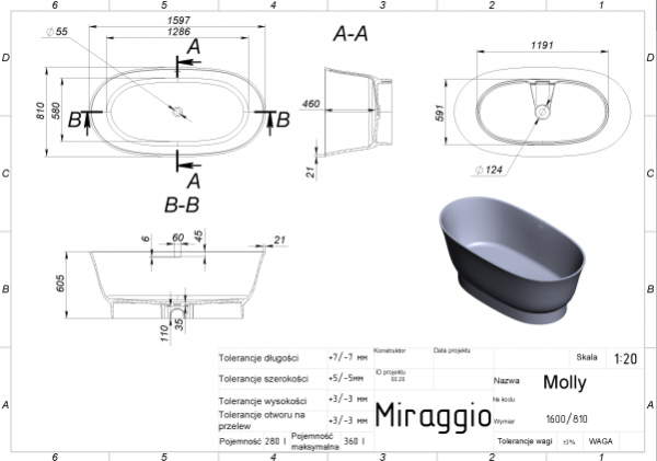 MIRAGGIO Wanna wolnostojąca MOLLY biała matowa 160cm 0002112