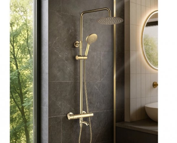 REA - Zestaw prysznicowy natryskowy z termostatem LUNGO Diamond Gold/Złoty