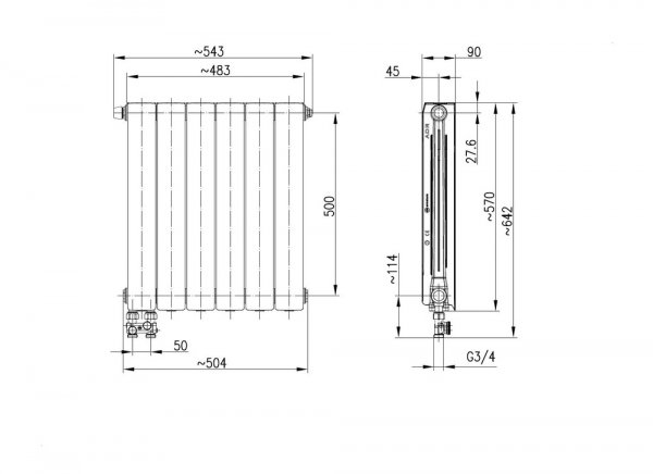 ARMATURA KRAKÓW KFA Grzejnik aluminiowy ADR500/D/6 z dolnym lewym zasilaniem prostym 763-064-44