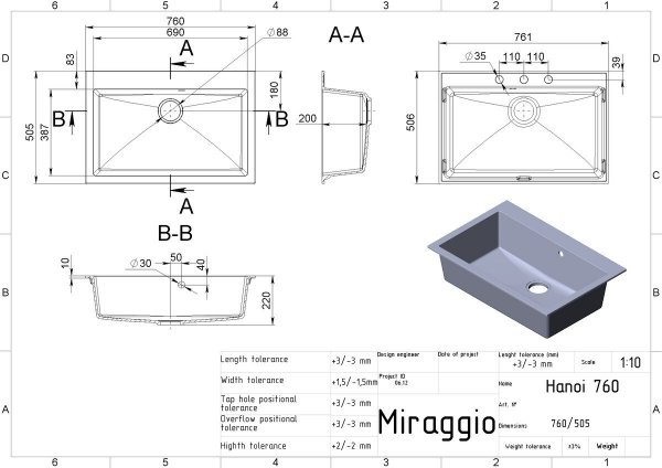 MIRAGGIO Zlewozmywak HANOI 760 SZARY 0000083