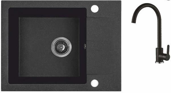 AQUAFORM - zlewozmywak granitowy MARANELLO 440 X 570 X 215 - 1 komora z 1/2 ociekacza, CZARNY + syfon oszczędzający miejsce z korkiem automatycznym  AQ.901-101 + bateria stojąca z wylewką U  AQ.901-1011502