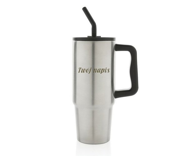 Kubek termiczny stalowy 900 ml Ice Fit z rączką i metalową słomką stalowy Steel Bullet z Twoim grawerem