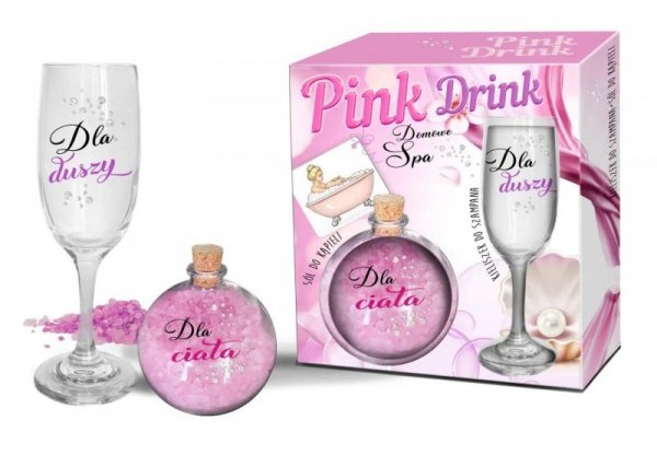PINK DRINK- Zestaw - kieliszek do szampana i kula z solą do kąpieli -  Dla duszy. Dla ciała.