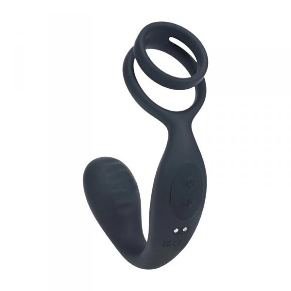 Vibrating Silicone Prostate Stimulator with Cock and Ball Ring - Black