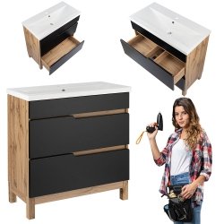 Zestaw szafka z umywalką Astor Alma 80 cm czarny wotan dwie szuflady
