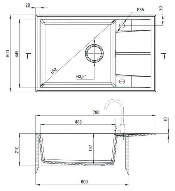 Zlewozmywak granitowy Eridan1-komorowy z krótkim ociekaczem 76x46 alabaster ZQE_A11B