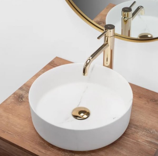 Umywalka ceramiczna nablatowa okrągła REA SAMI MARBLE MAT biała marmur