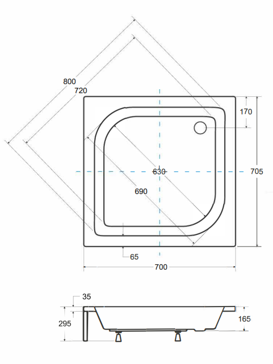 OUTLET BESCO Brodzik kwadratowy Ares 70x70x16,5 po montażu nóżek