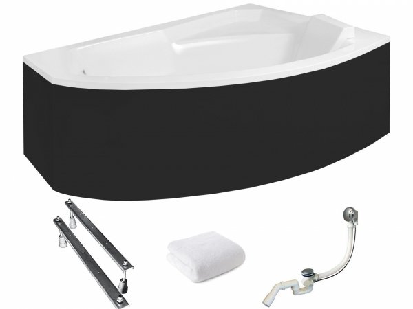 BESCO Wanna asymetryczna 140x90 Rima Prawa z czarną obudową + Syfon