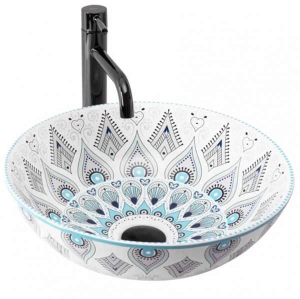 Umywalka ceramiczna, nablatowa ze wzorem REA MANDALA orientalna, biała