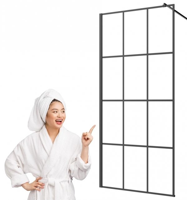 Invena ścianka walk-in 90x200 czarna kratka loft szkło 8 mm hartowane 