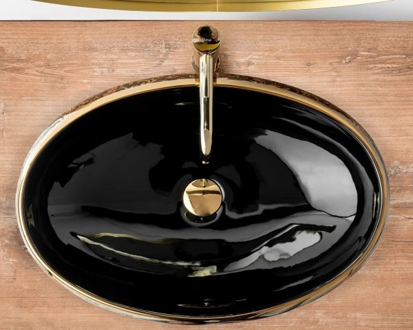 Umywalka ceramiczna nablatowa REA MERYL BLACK / GOLD czarna złoty wzór
