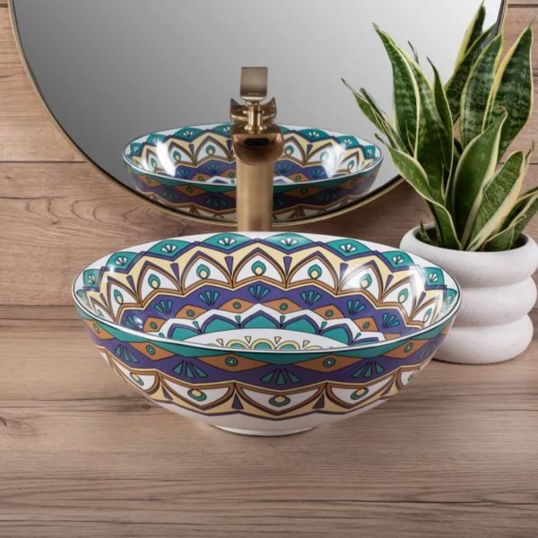 Umywalka ceramiczna, nablatowa ze wzorem REA AZTEC orientalna, kolorowa
