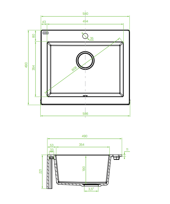 Zlewozmywak farmerski granitowy Komodo 580x490mm biały 1-komorowy 