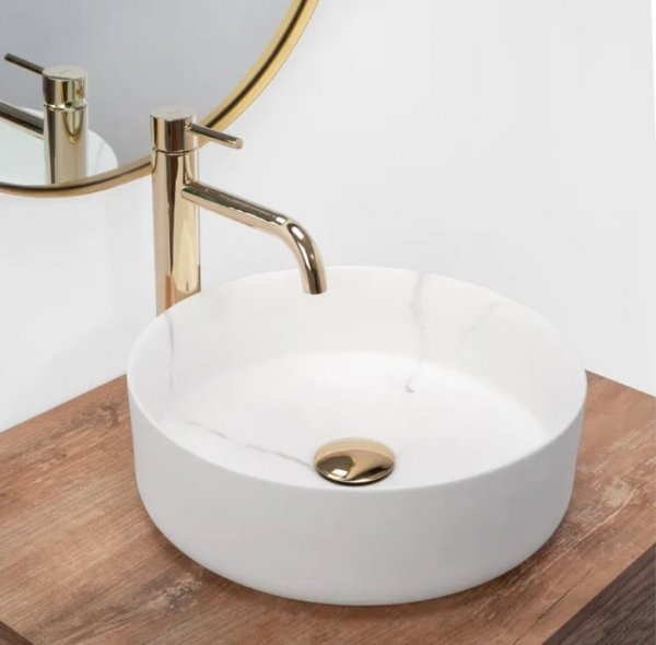 Umywalka ceramiczna nablatowa okrągła REA SAMI MARBLE MAT biała marmur