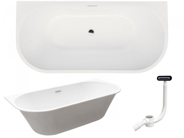 BESCO Wanna przyścienna VICA SLIM + 150x80 + syfon klik-klak z płaskim przelewem chrom