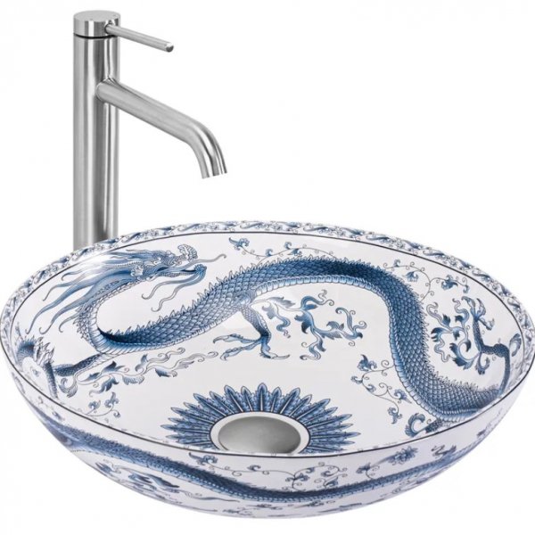 Umywalka ceramiczna nablatowa REA KIOTO orientalna biało niebieska wzór