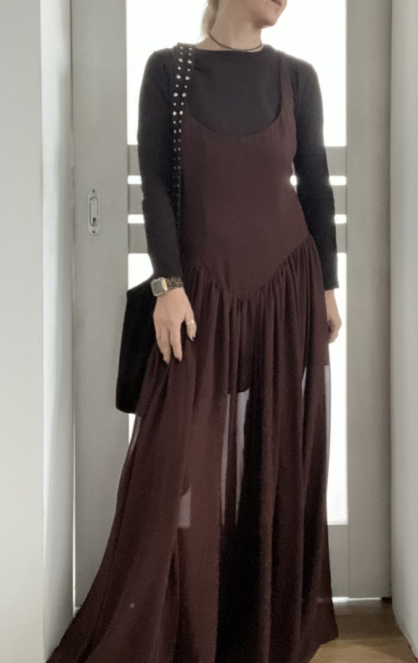 Brązowa maxi zwiewna sukienka Bardot Boho vintage