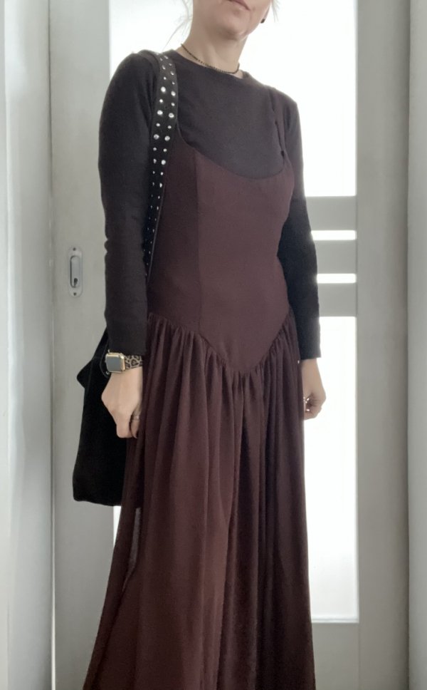 Brązowa maxi zwiewna sukienka Bardot Boho vintage