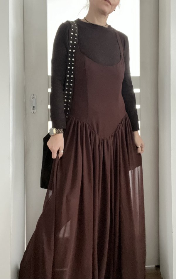 Brązowa maxi zwiewna sukienka Bardot Boho vintage