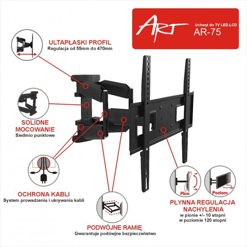 UCHWYT DO TV LED/LCD 23-65&quot; 50KG AR-75 ART reg. pion/poziom
