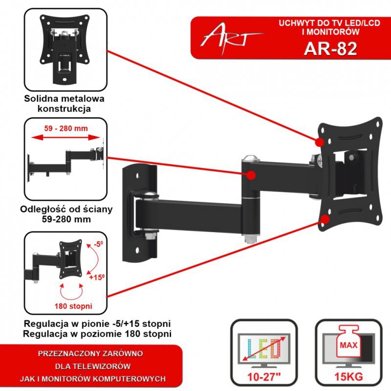 UCHWYT DO TV LCD/LED 10-27&quot; 15KG AR-82  ART reg.pion/poziom 28cm