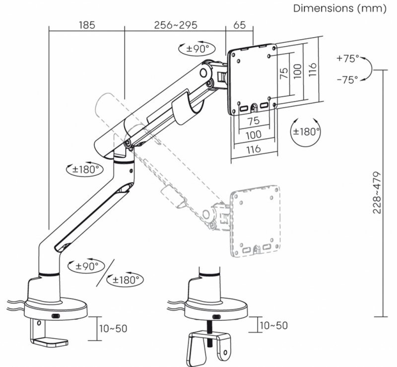 UCHWYT BIURKOWY GAZOWY DO 1 MONITORA LED/LCD 17-40" L-29GD ART 2-11kg 2xUSB 3.0 PREMIUM White