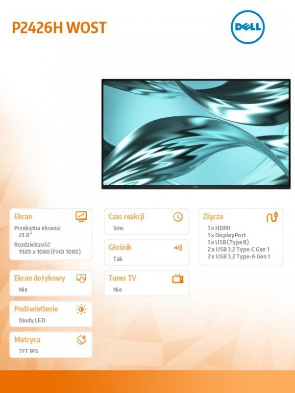 Dell Monitor P2426H WOST 23.8 cala IPS FHD (1920x1080)/16:9/HDMI/DP/3xUSB/2xUSB-C/No Stand/3Y