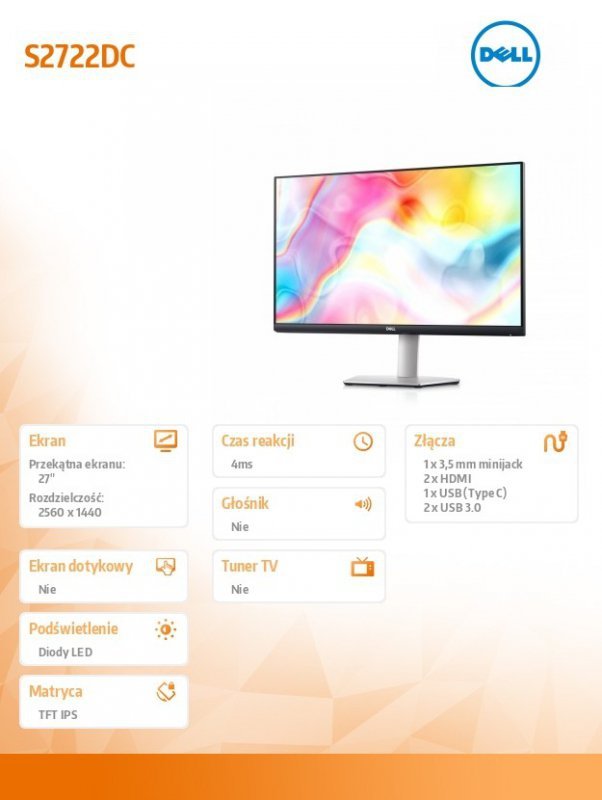Dell Monitor S2722DC 27 cali LED 2560x1440/HDMI/USBC/3Y