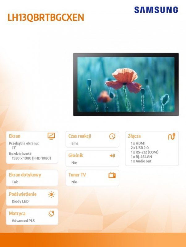 Samsung Monitor profesjonalny QB13R-T 13 cali Matowy, Dotykowy 16h/7 250(cd/m2) 1920x1080 (FHD) S6 Player Wi-Fi 3 lata OnSite (L