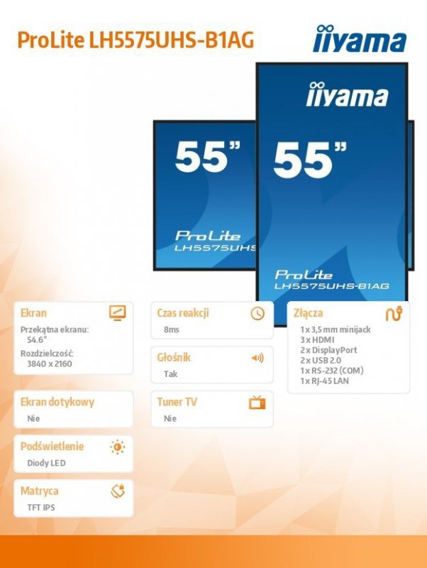 IIYAMA Monitor 54.6 cali ProLite LH5575UHS-B1AG 24/7,IPS,ANDROID.11,4K,500cd/m2,WiFi,3xHDMI,DP,Daisy/Chain,2xUSB,2x10W,RJ45,iiSi