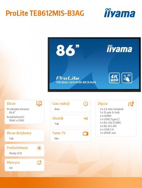 IIYAMA Monitor 85.6 cala ProLite TE8612MIS-B3AG,INFRARED,40pkt,VA,4K, 24/7, 7H, WiFi,VGA, HDMI, USB-c, Bluetooth,metal,8ms, vesa