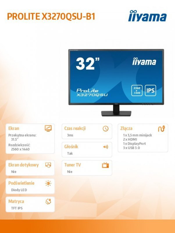 IIYAMA Monitor 32 cale X3270QSU-B1 IPS,WQHD,HDMI,DP,100Hz,250cd,3ms,2x2W,   3xUSB(3.2),FlickerFree,VESA