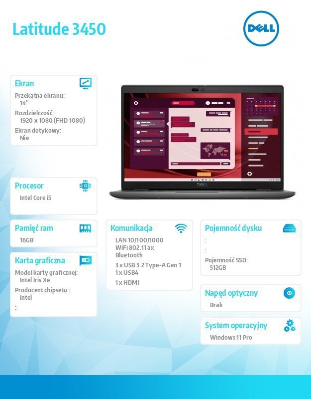 Dell Laptop Latitude 3450 Win11Pro i5-1335U/16GB/512GB SSD Gen4/14.0 FHD/Integrated/FgrPr/FHD/IR Cam/Mic/WLAN + BT/Backlit Kb/3 