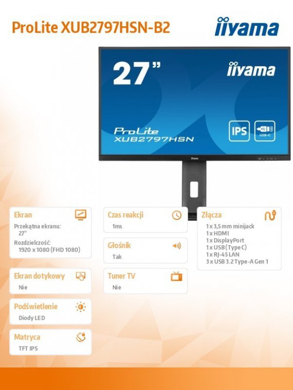 IIYAMA Monitor 27 cali XUB2797HSN-B2 IPS,FHD,USB-C Dock,HAS,300cd /5y/
