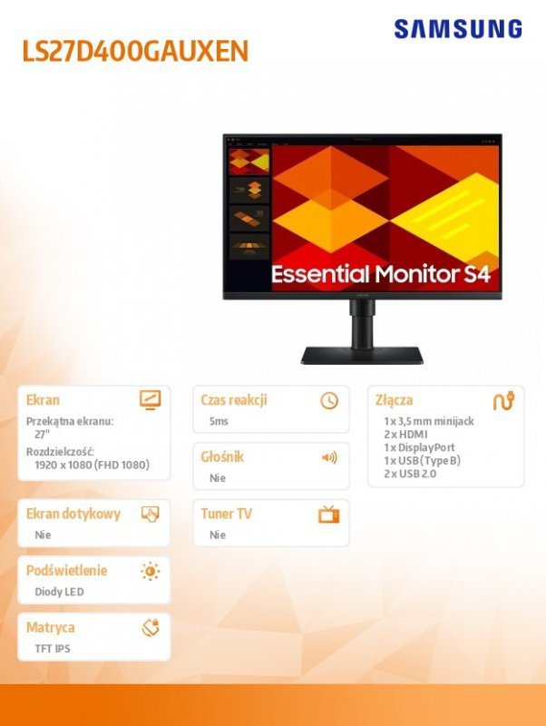 Samsung Monitor 27 cali S40GD IPS 1920x1080 FHD 16:9 2xHDMI 1xDP 2xUSB-A 2.0 1xUSB-B 5ms 100Hz HAS+PIV płaski 3YOn-Site (LS27D40