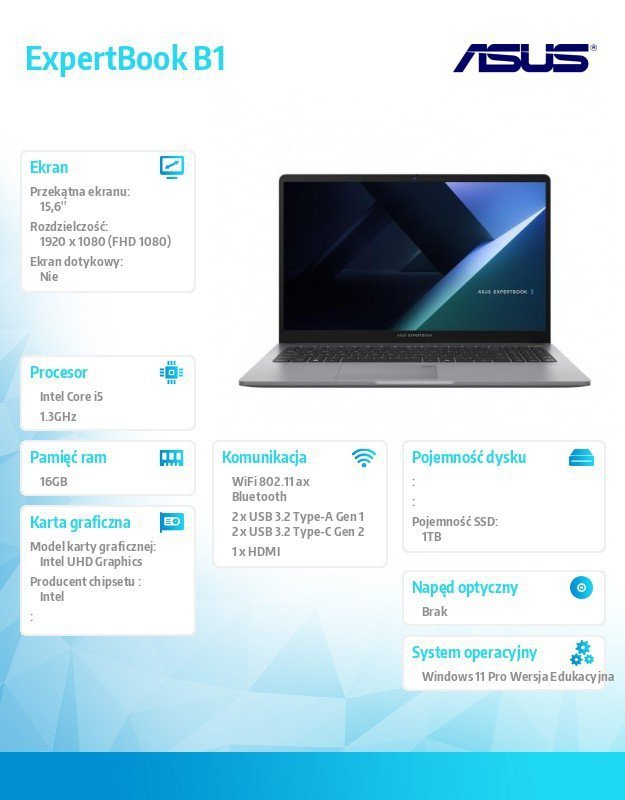 Asus Notebook ExpertBook B1 B1503CVA-S72592XA - i5-1334U/16GB/1TB/15.6 FHD/Win 11 PRO - EDU/3YRS