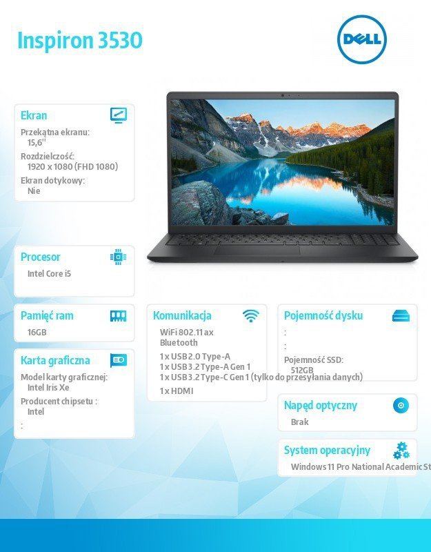 Dell Laptop Inspiron 15 3530 Win11Pro EDU/Academic i5-1334U/16GB/512GB/15.6 FHD/Iris Xe/Non-Bcklit Kb/3C/3YOS