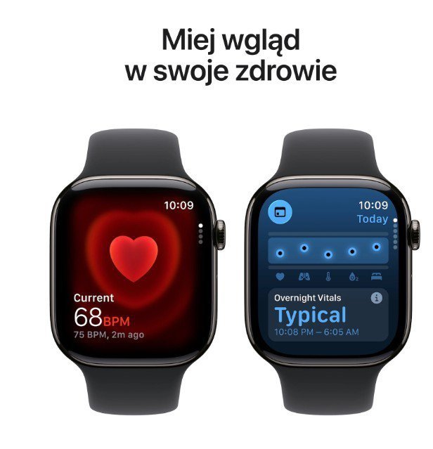 Apple Watch Series 11 GPS + Cellular, koperta 46 mm z tytanu w kolorze łupku, pasek sportowy w kolorze czarnym - rozmiar S/M