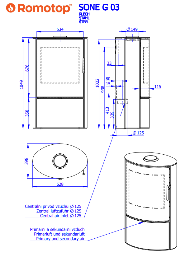 Piec wolnostojący ROMOTOP SONE G 03 - metal
