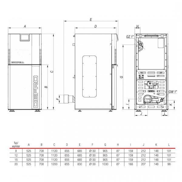 Kocioł na pellet DEFRO EVOPELL rysunek techniczny