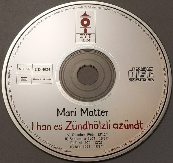 Mani Matter - I Han Es Zündhölzli Azündt (CD)