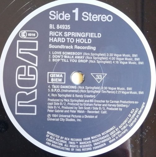 Rick Springfield - Hard To Hold - Soundtrack Recording (LP)