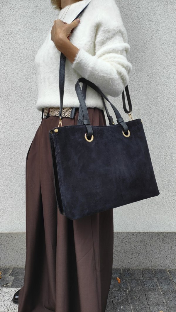 Klasyczna modna torebka aktówka zamszowa czarna