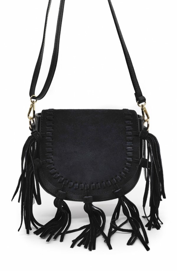 Zamszowa torebka listonoszka skóra brązowa czarna frędzle