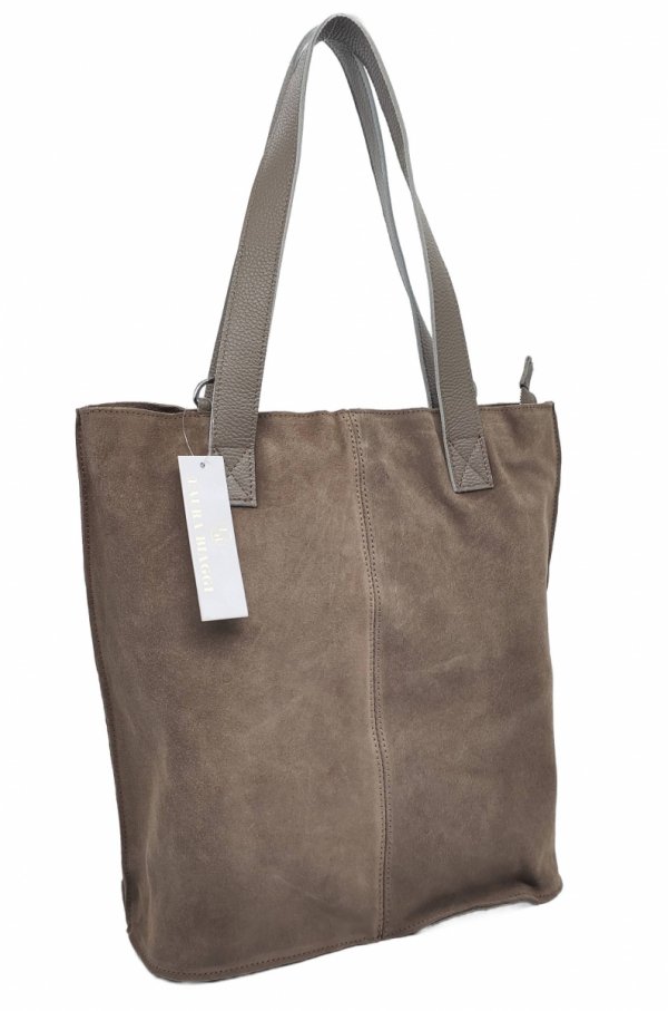 Zamszowa torebka shopper skórzana Vera Pelle beżowa taupe do pracy szkoły